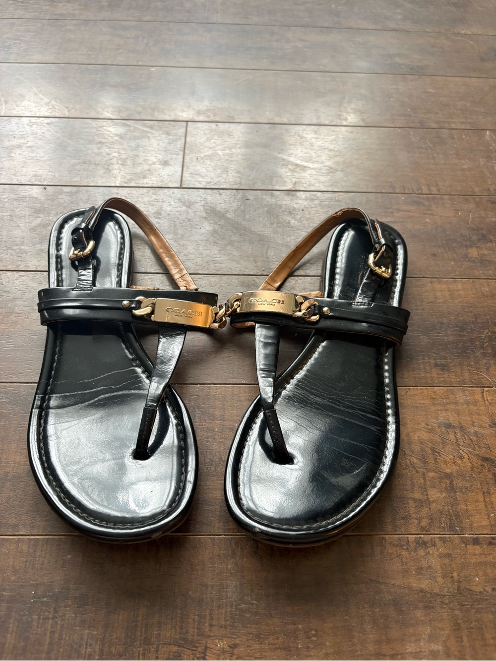 COACH patent Leather Sandals with Gold Hardware